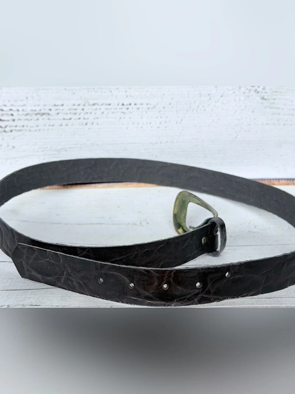 Vintage Distressed Leather Belt with Chunky Brass Buckle